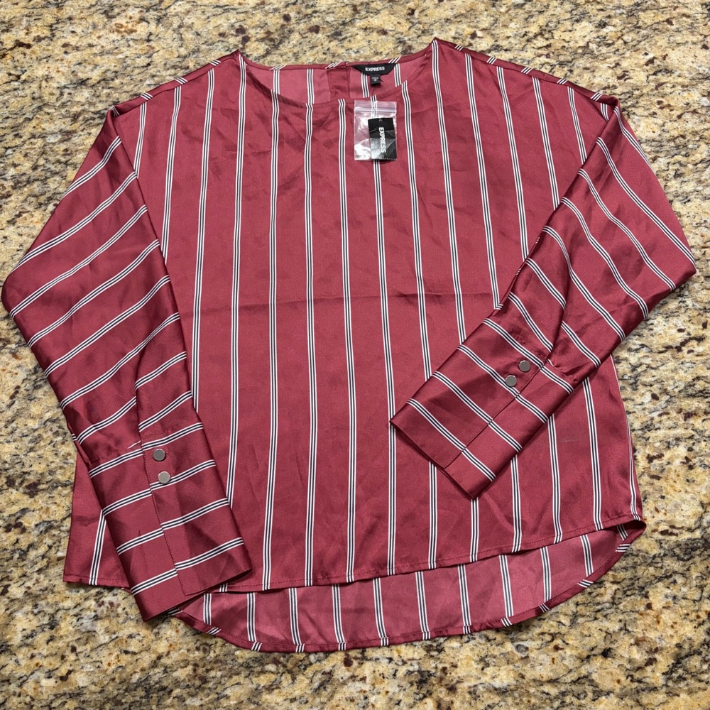 NEW Express Women Burgundy Striped Long Sleeve Satin Blouse M Burgundy ws